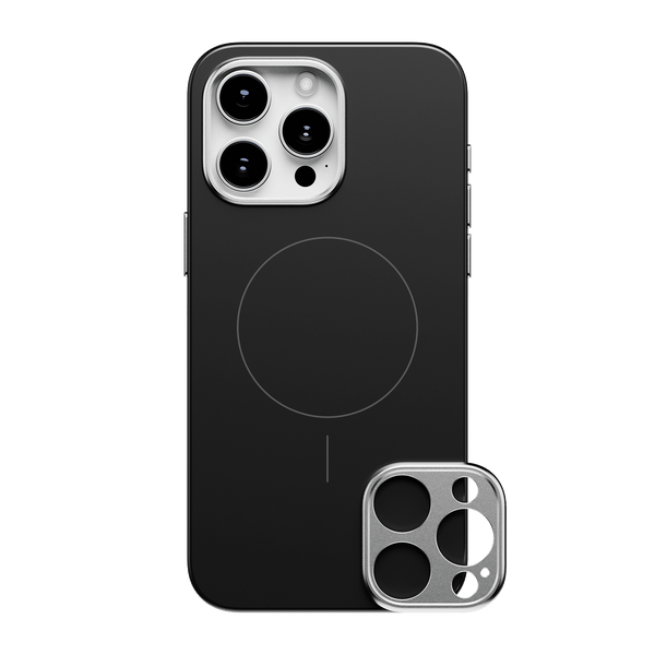 Black snap case for a smartphone with a circular MagSafe alignment and a detachable camera cover.