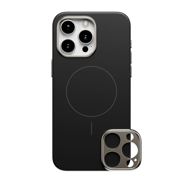 Black phone case with a circular MagSafe alignment and a detachable camera lens cover.