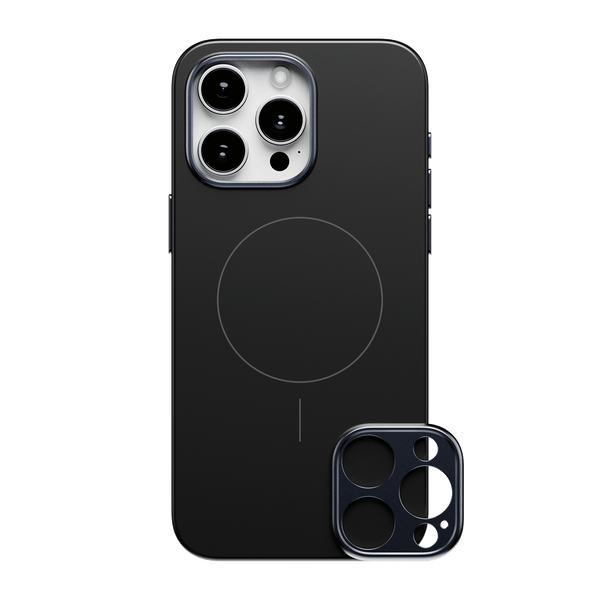 Black phone case with a circular MagSafe area and a detachable camera lens cover.