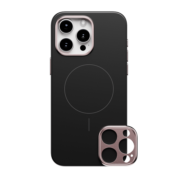 Black phone case with a circular design and a detachable camera lens cover in rose gold.