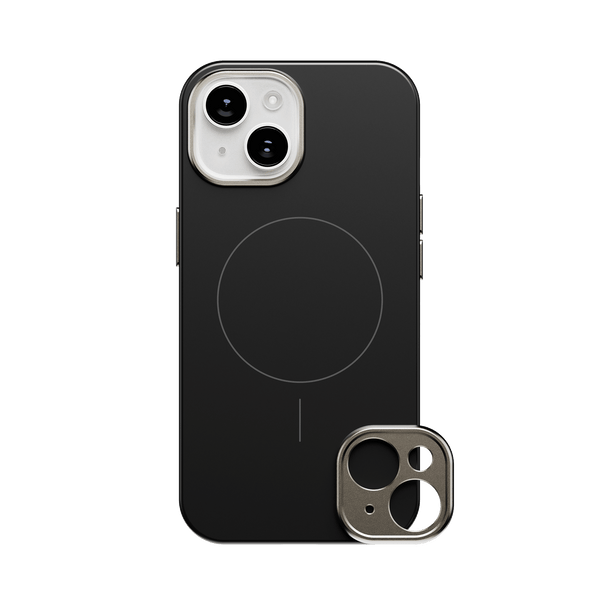 Black snap case for a smartphone with a circular design and a detachable camera lens cover.