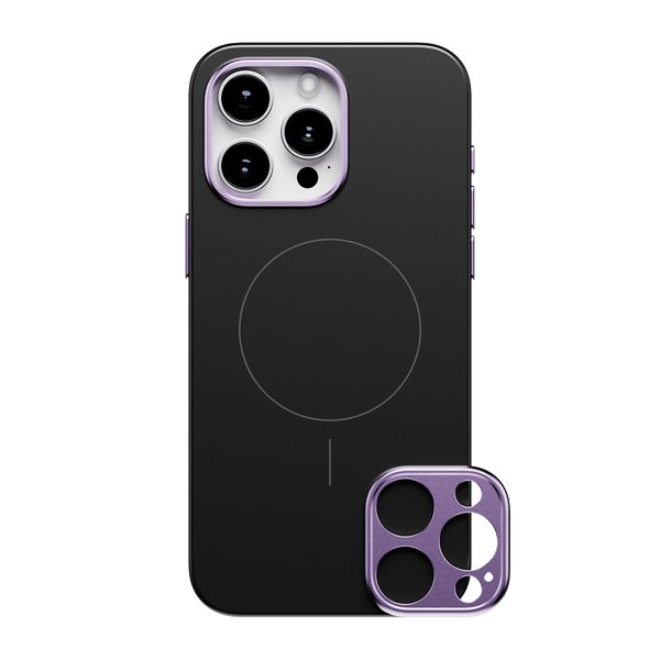 Black phone case with a circular design and a purple camera lens cover.
