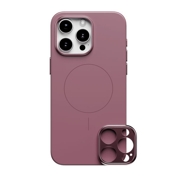 Purple phone case with a circular magnetic area and a detachable camera lens cover.