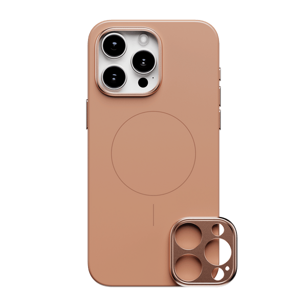 Snap case in a soft peach color with a circular MagSafe alignment and a removable camera lens cover.