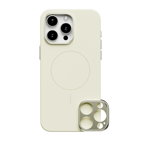 Light yellow phone case designed for the 15 Series, with a detachable camera lens cover.