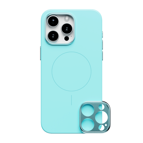 Light blue phone case with a circular MagSafe area and a detachable camera lens cover.