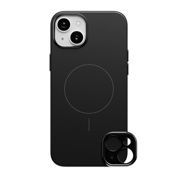 Black snap case for iPhone 15 series with a circular MagSafe alignment and a detachable camera lens cover.