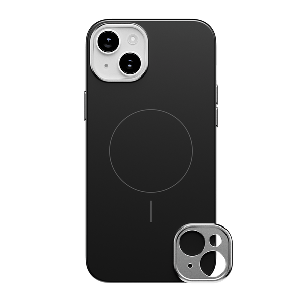 Black snap case for a smartphone with a circular MagSafe alignment and a detachable camera lens cover.