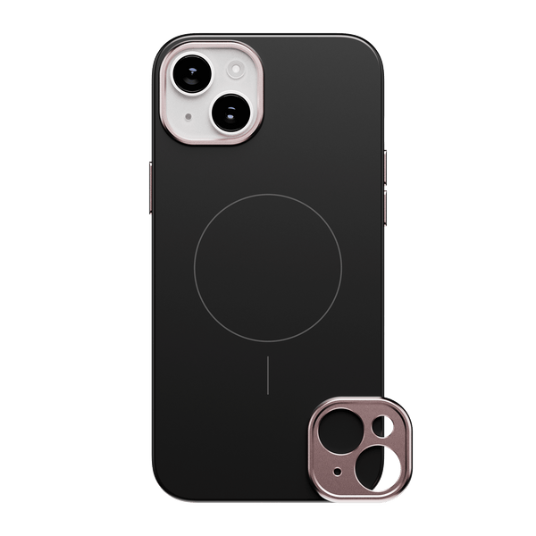 Black snap case for a smartphone with a circular MagSafe alignment and a detachable camera lens cover.