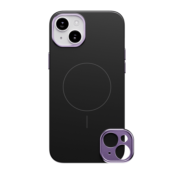 Black phone case with a circular design and a purple camera lens cover.