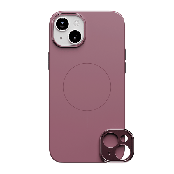 Purple phone case with a circular magnetic charging area and a detachable camera lens cover.