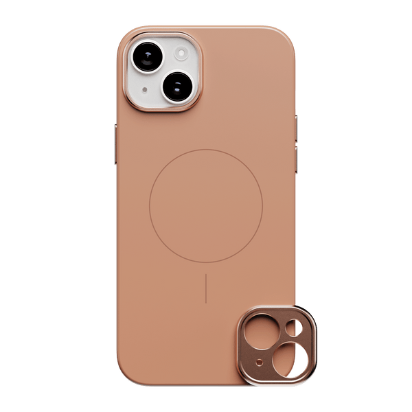 Snap case in a soft peach color with a circular magnetic charging area and a camera lens protector.