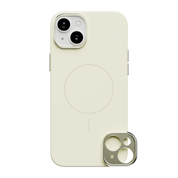Light-colored phone case with a circular magnetic charging area and a detachable camera lens cover.