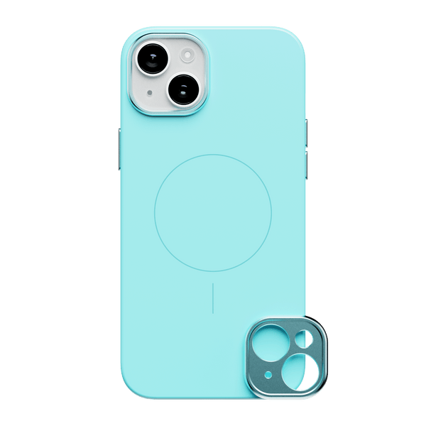 Light blue phone case with a circular MagSafe area and a detachable camera lens cover.