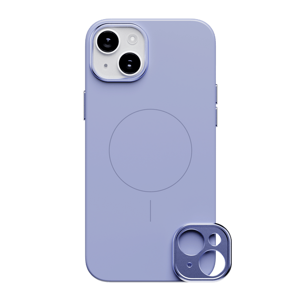 Purple snap case for a smartphone, featuring a circular MagSafe alignment and a detachable camera lens cover.
