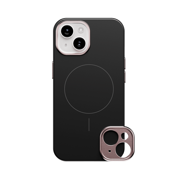 Black snap case for a smartphone with a circular design and a removable camera lens cover.