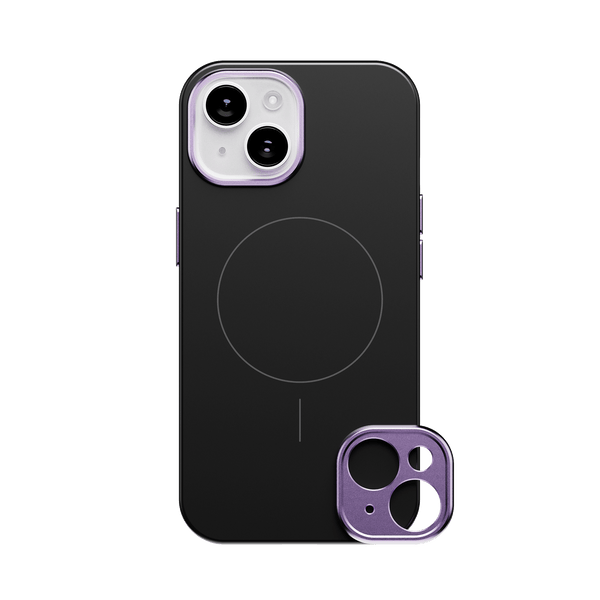 Black phone case with a circular MagSafe alignment and a removable purple camera lens cover.