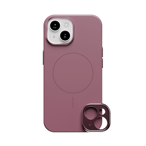 Purple snap case for iPhone 15 series with a circular MagSafe alignment and a detachable camera lens cover.
