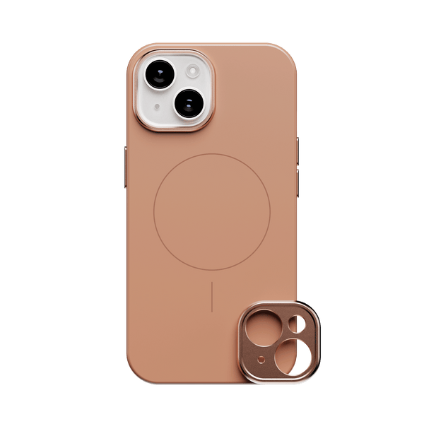 Light pink phone case with a circular magnetic area and a detachable camera lens cover.