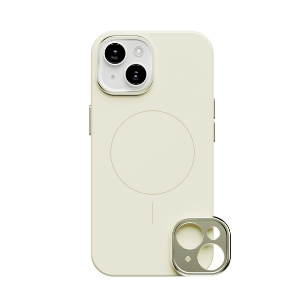 Light yellow phone case designed for the iPhone 15 series with a circular magnetic charging area and camera cutout.