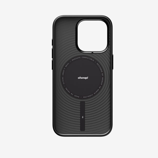 Black snap case with a circular MagSafe compatible design and textured surface for grip.