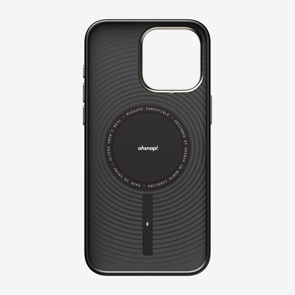 Black phone case with a textured design and a central circular area for MagSafe compatibility.