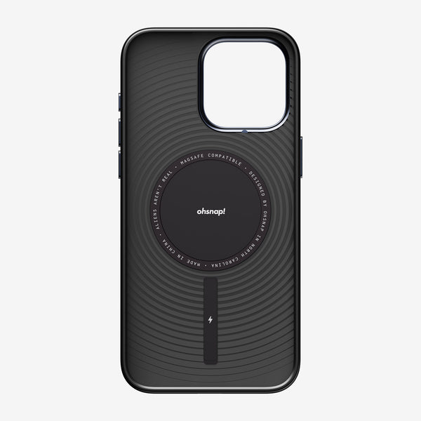 Black phone case with a circular MagSafe compatible design and textured surface.