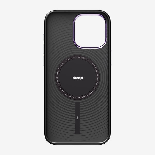 Black phone case with a textured design and a central circular area for MagSafe compatibility.