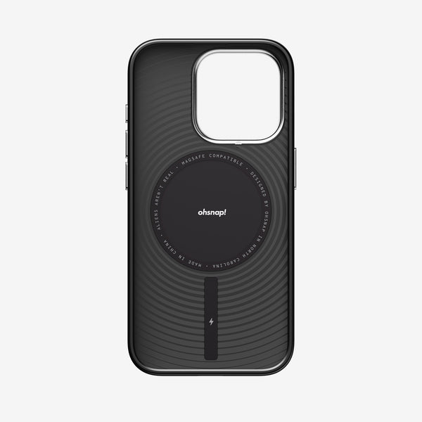 Black snap case with a circular MagSafe compatible design and a lightning bolt symbol on the back.
