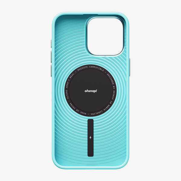 Turquoise phone case with a textured design and a central circular area for MagSafe compatibility.