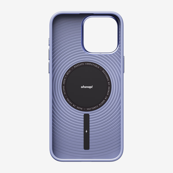 Purple phone case with a textured design and a central circular area for MagSafe compatibility.