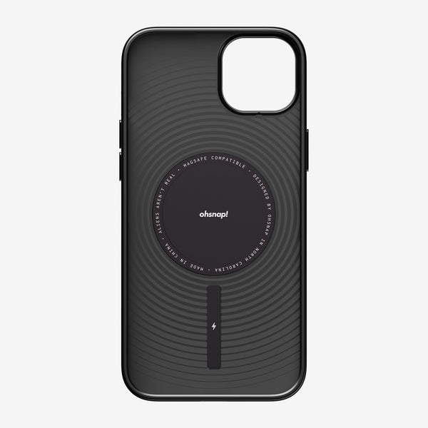Black phone case with circular MagSafe compatible design and textured surface.