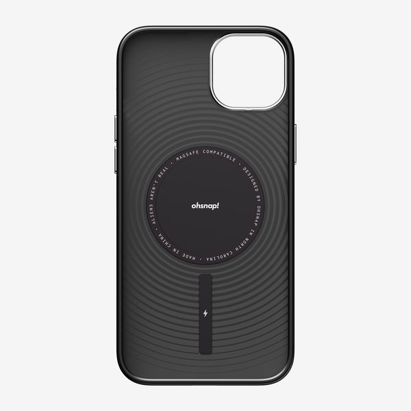 Black snap case with circular MagSafe compatibility design and textured surface for grip.