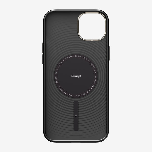 Black phone case with circular MagSafe compatible design and textured surface.