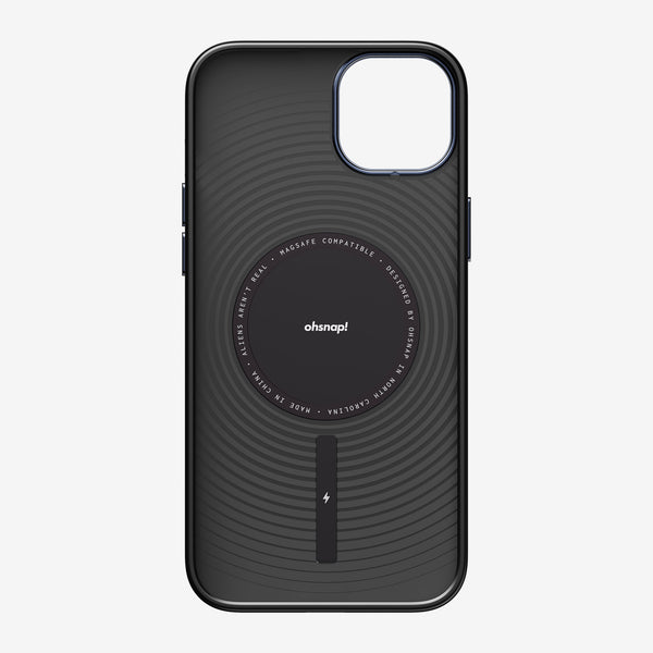 Black phone case with circular MagSafe compatible design and textured surface.