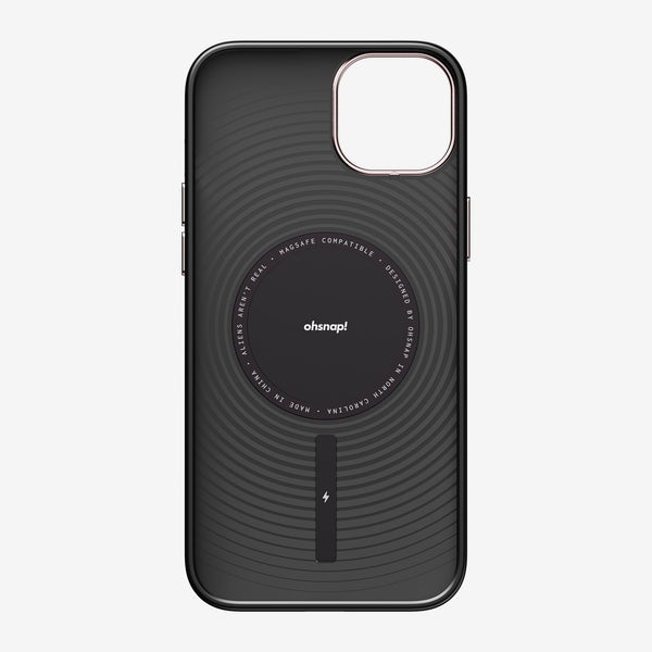 Black phone case with circular design, MagSafe compatibility, and a lightning bolt symbol on the side.