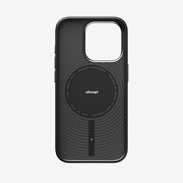 Black snap case with a circular MagSafe compatible design and a lightning bolt symbol on the side.