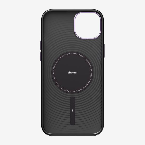 Black phone case with circular design and MagSafe compatibility, featuring a central logo and side button.