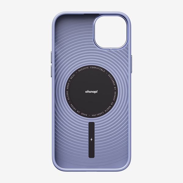 Purple phone case with a circular design and MagSafe compatibility, featuring a central logo and charging indicator.