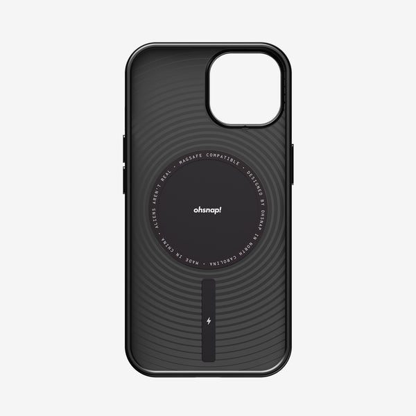 Black snap case with a circular design and MagSafe compatibility, featuring a central logo and a charging indicator.