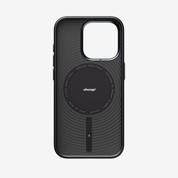 Black phone case with a circular MagSafe compatible design and a lightning bolt symbol on the bottom.