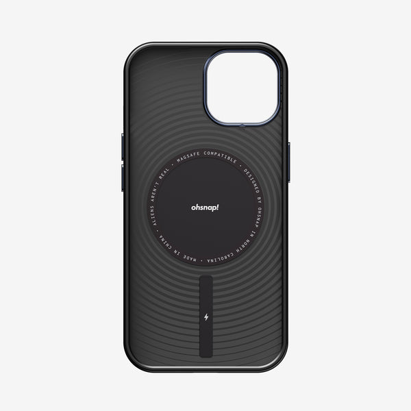 Black phone case with circular design and MagSafe compatibility, featuring a central logo and side buttons.
