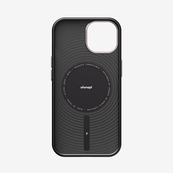 Black phone case with circular design and MagSafe compatibility, featuring a textured surface and side buttons.