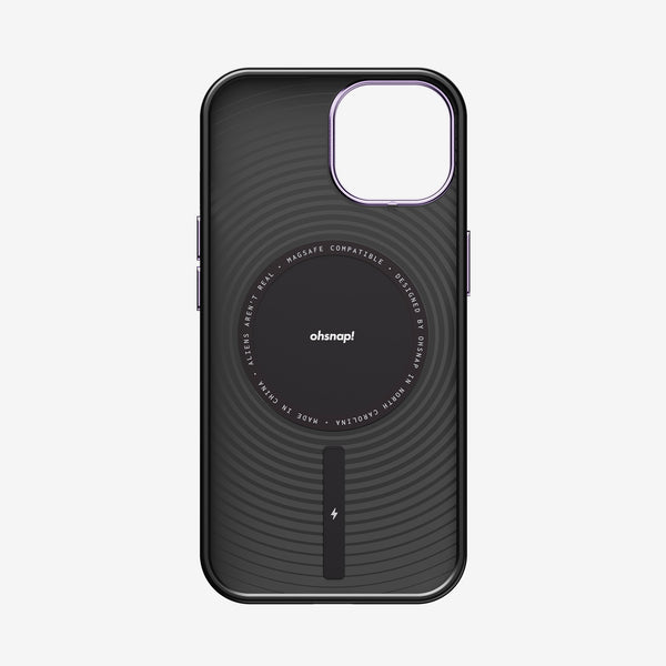 Black phone case with circular design, MagSafe compatibility, and branding on the back.