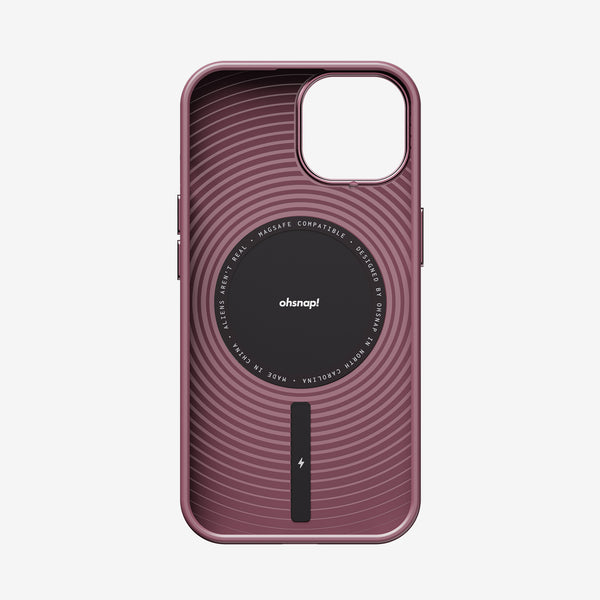 Purple phone case with concentric circle design and a central black area featuring a lightning bolt symbol.