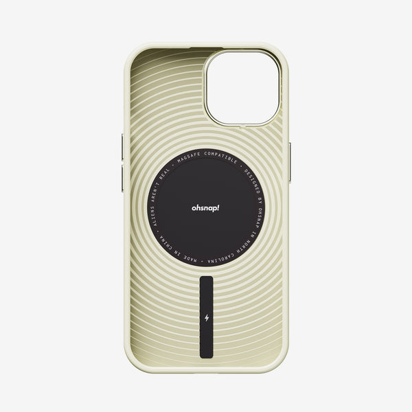 Light-colored phone case with concentric circle design and a central black area featuring a logo and charging indicator.