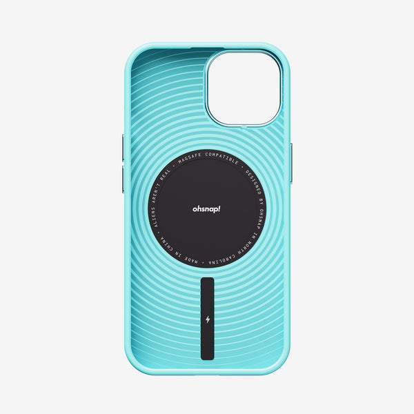 Light blue phone case with a circular black MagSafe-compatible area and wave pattern design.