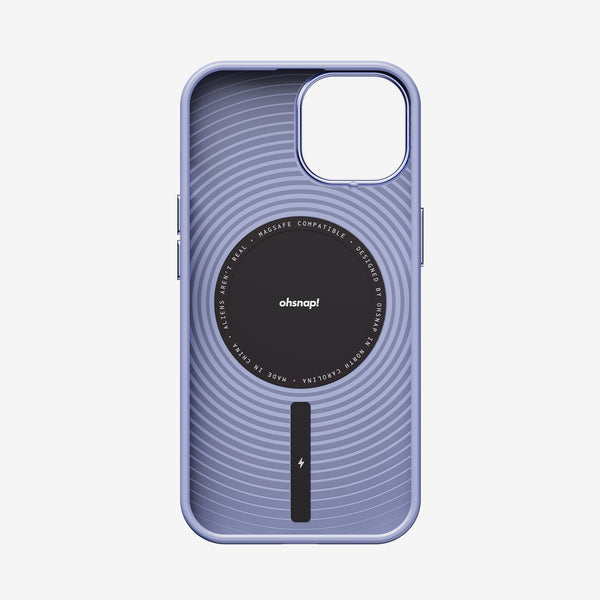 Purple phone case with circular design and MagSafe compatibility, featuring a central logo and charging indicator.