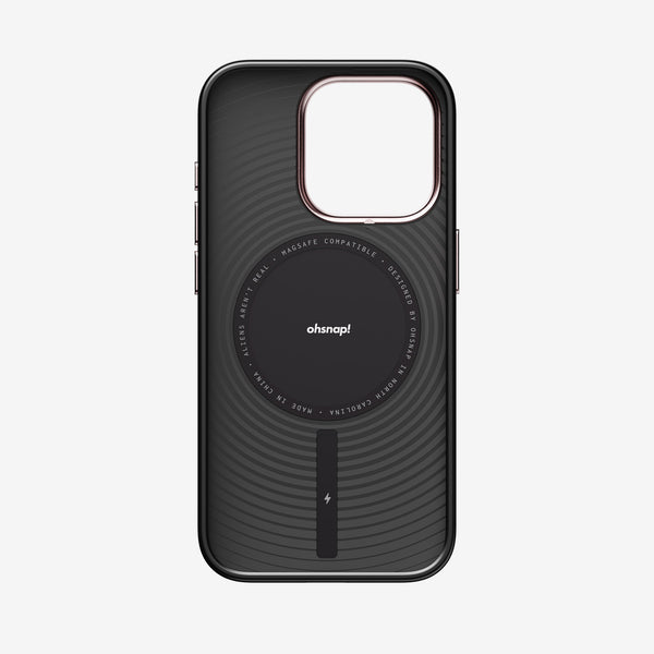 Black phone case with a textured design and MagSafe compatibility, featuring a circular logo and charging indicator.