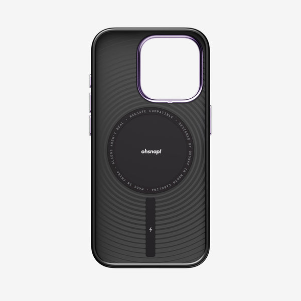 Black phone case with a textured design and MagSafe compatibility, featuring a circular logo in the center.